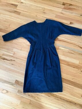 Vintage 1980s Jennifer B Denim Batwing Sleeve Bodycon Dress Small